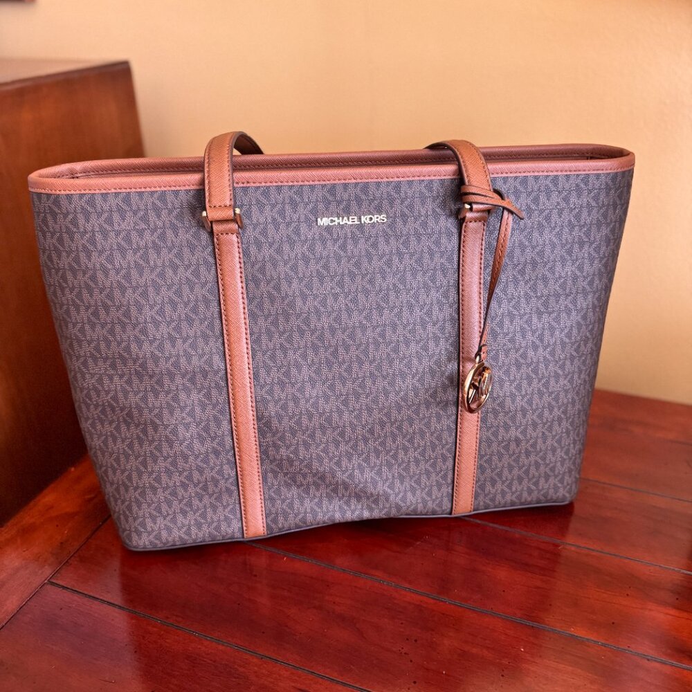 Michael Kors Sady Large Logo Canvas Top-Zip Laptop Travel Tote Brown - Picture 10 of 11